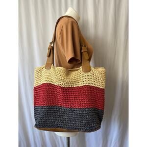 Woven Colorblock Shoulder Bag with Faux Leather Straps